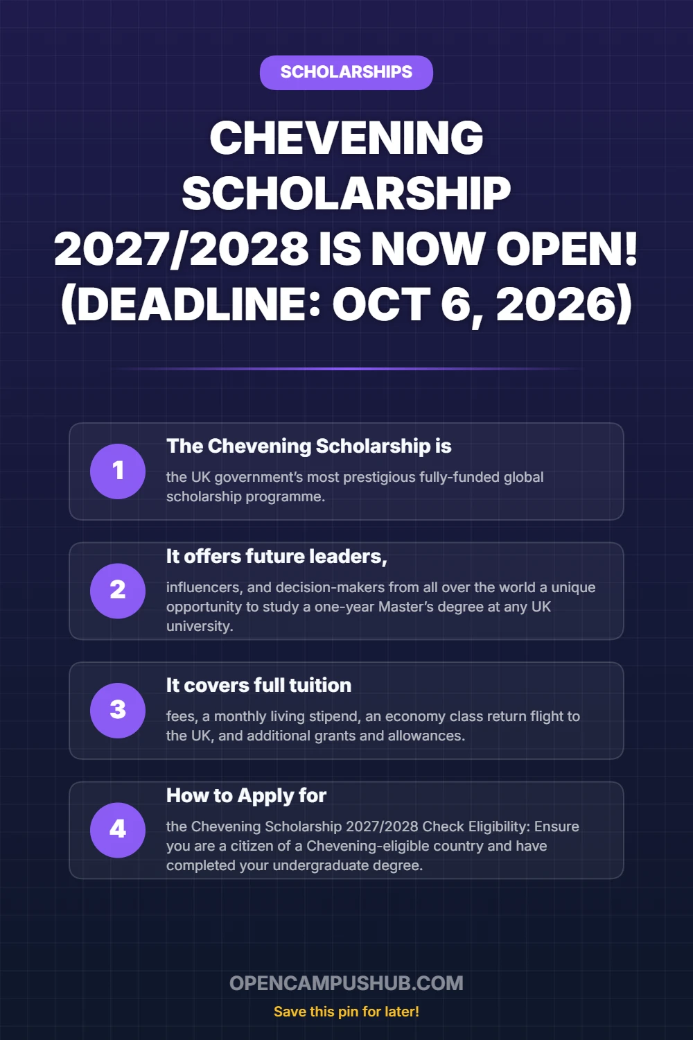 Chevening Scholarship 2027/2028 is Now Open! (Deadline: Oct 6, 2026) Infographic