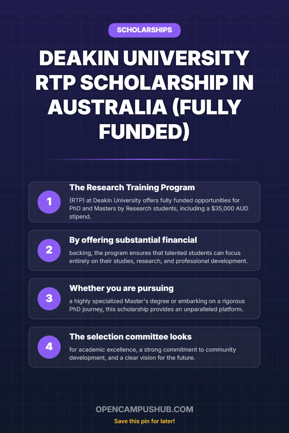 Deakin University RTP Scholarship in Australia (Fully Funded) Infographic