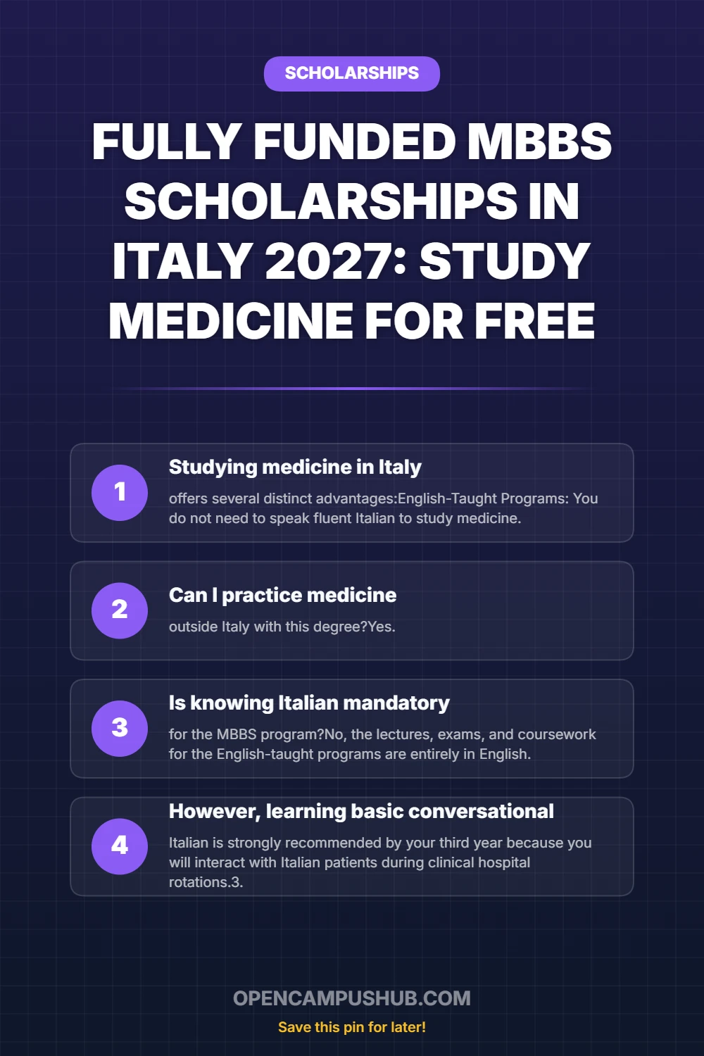 Fully Funded MBBS Scholarships in Italy 2027: Study Medicine for Free Infographic