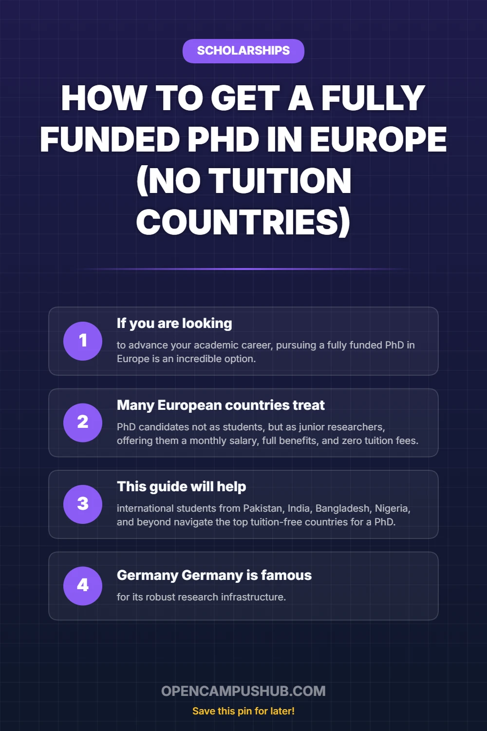 How to Get a Fully Funded PhD in Europe (No Tuition Countries) Infographic