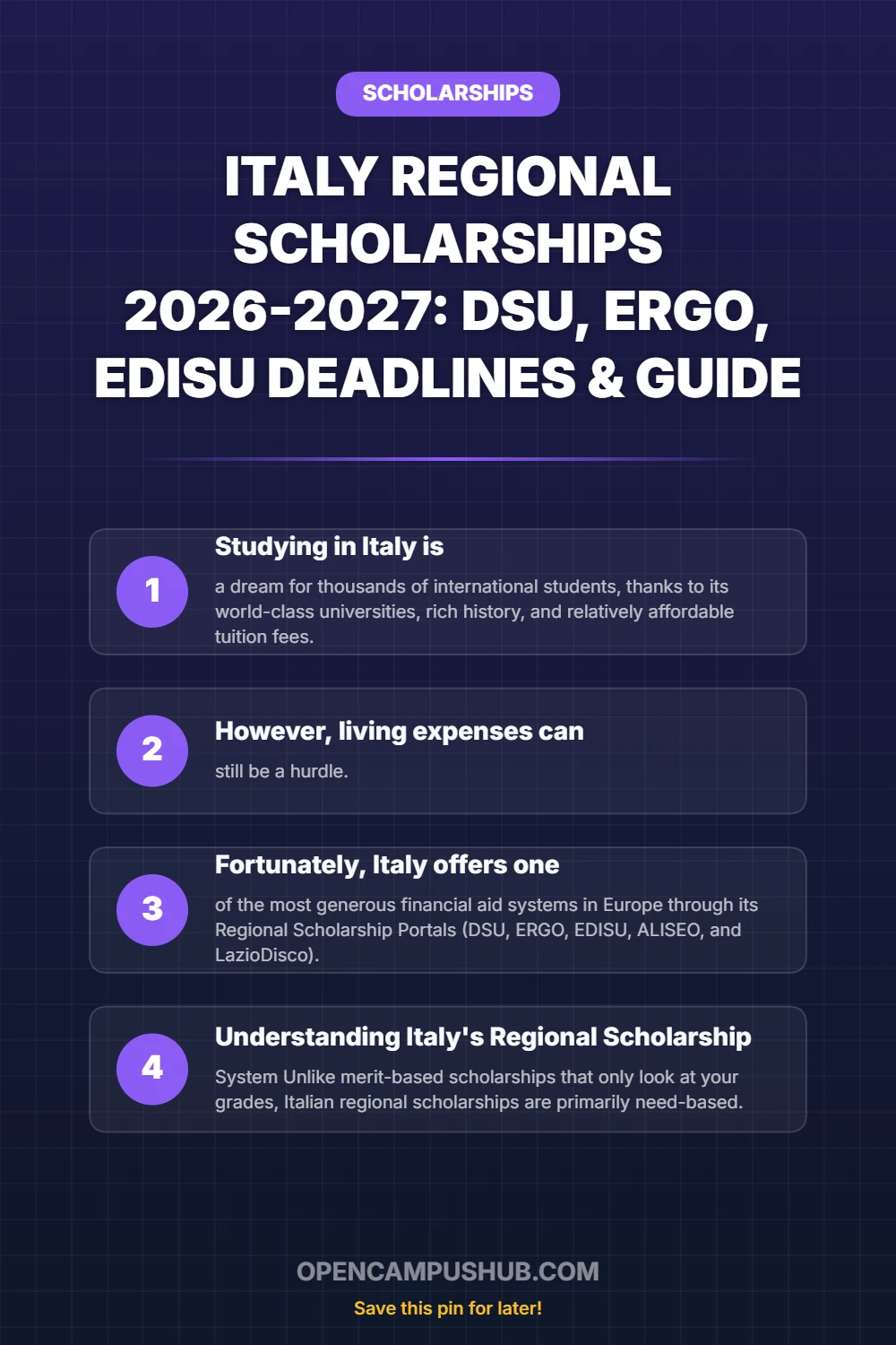 Italy Regional Scholarships 2026-2027: DSU, ERGO, EDISU Deadlines & Guide Infographic