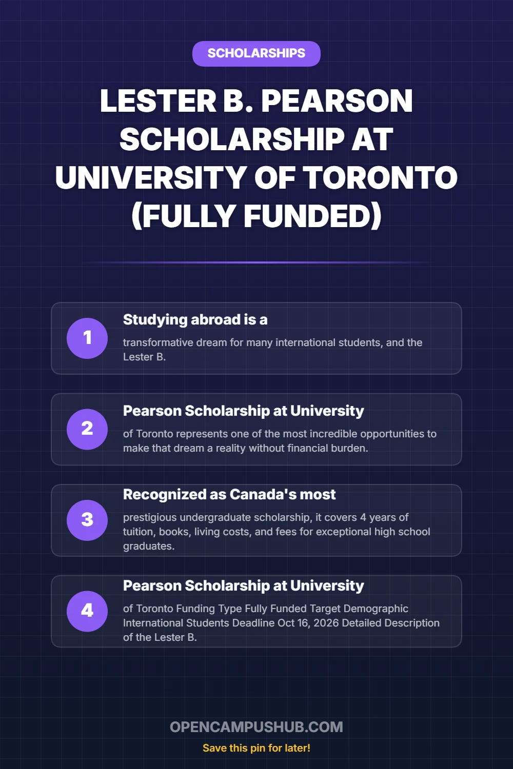 Lester B. Pearson Scholarship at University of Toronto (Fully Funded) Infographic