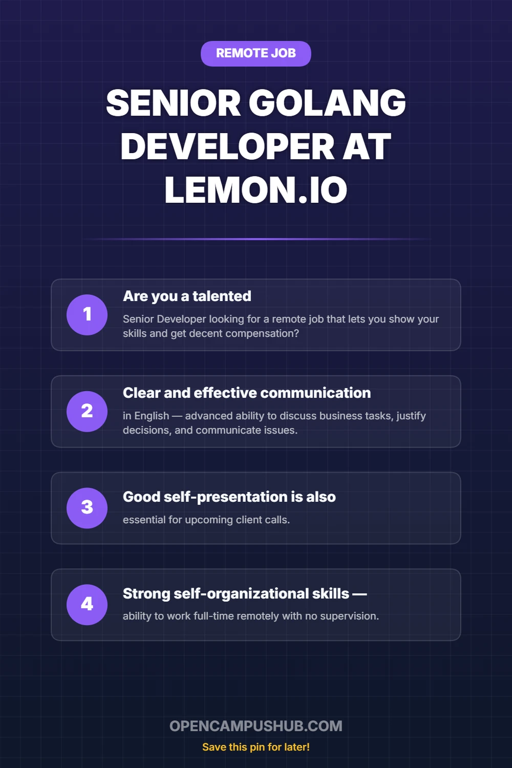 Senior Golang Developer at Lemon.io Infographic