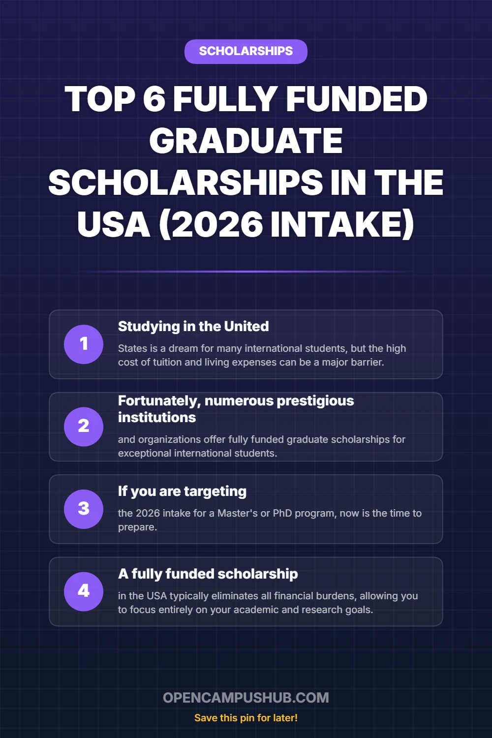Top 6 Fully Funded Graduate Scholarships in the USA (2026 Intake) Infographic