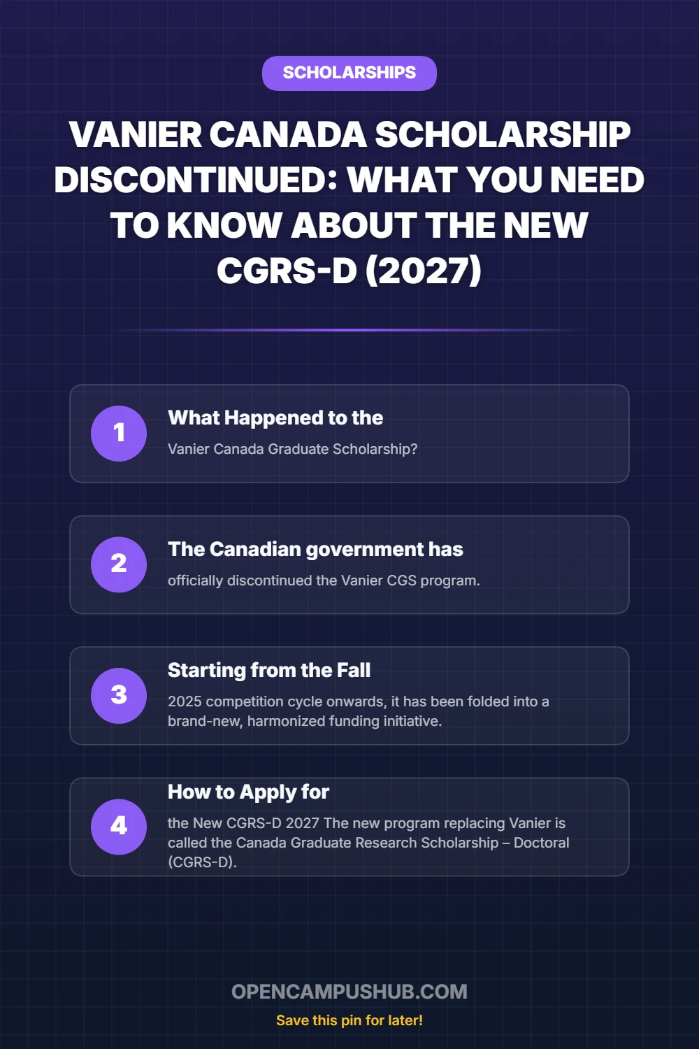 Vanier Canada Scholarship Discontinued: What You Need to Know About the New CGRS-D (2027) Infographic